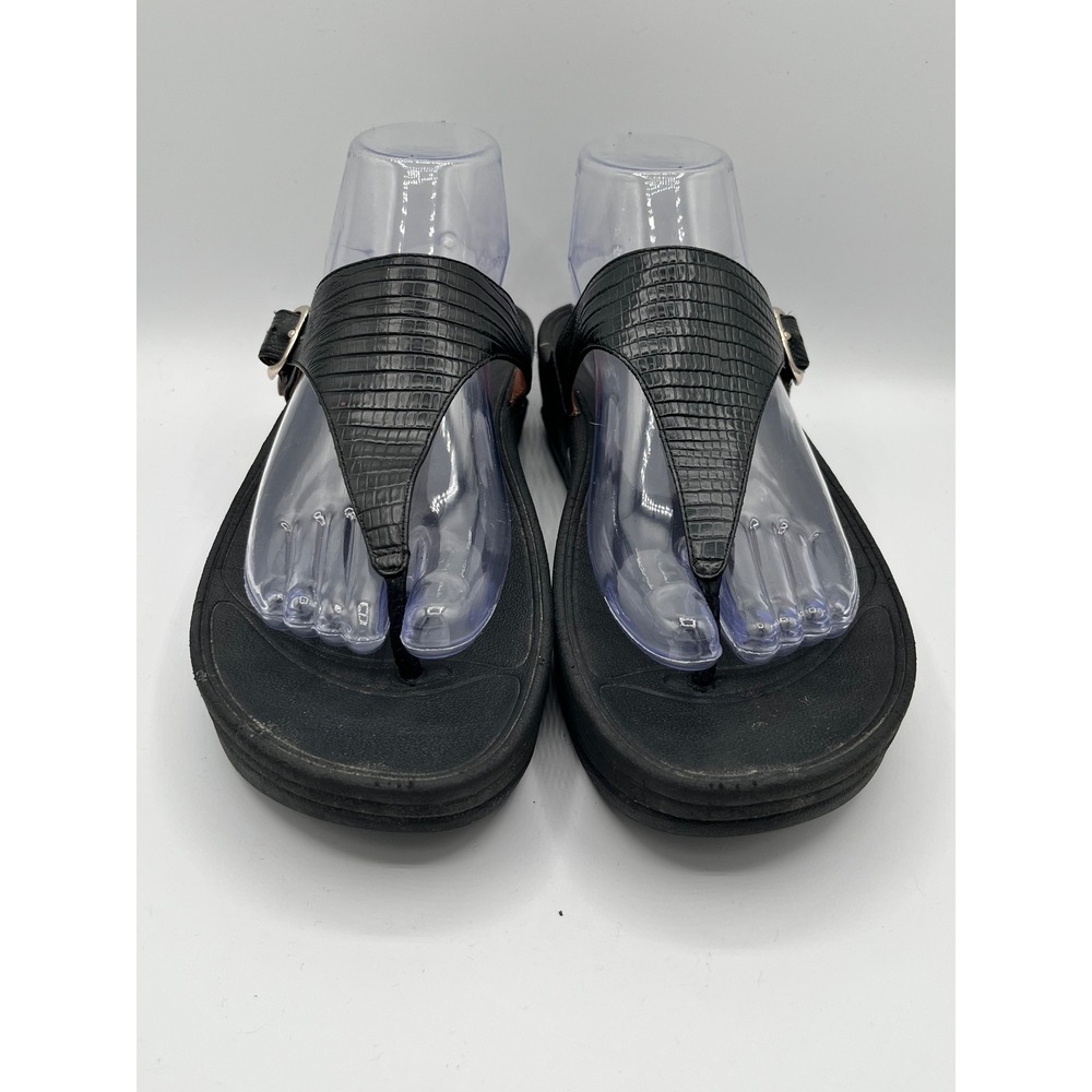 FitFlop Microwobbleboard Women Sz 9 Black Leather‎ Thong Sandals 350-001 Wedge